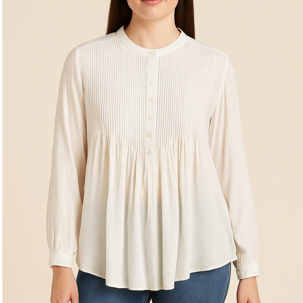 Sundance Tunic Blouse Pintuck Pleated Long Sleeve White Rayon Top Size L